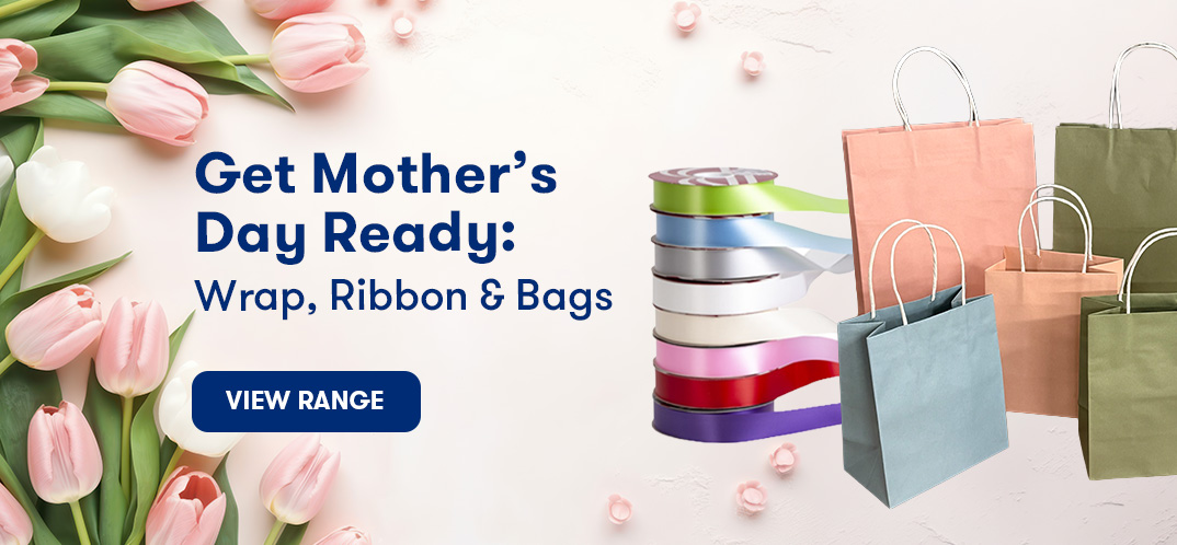 Tulips surrounding headline and retail bags and ribbon